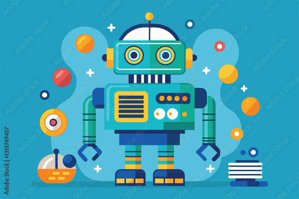 Poster a cheerful robot stands in a vibrant space filled with colorful shapes and playful designs, evoking 