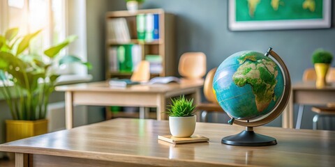On a clutter-free teacher's desk, a small green globe catches the eye, bringing a touch of natural elegance to the academic environment , desk accessories, organized workspace