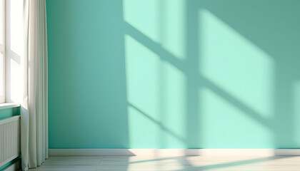Fototapeta premium Vibrant turquoise wall with sunlight shadows and a window in a minimalistic room 