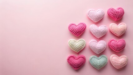Fototapeta premium Soft yarn crochet hearts in pastel and pink hues on a minimalist pink background, soft yarn