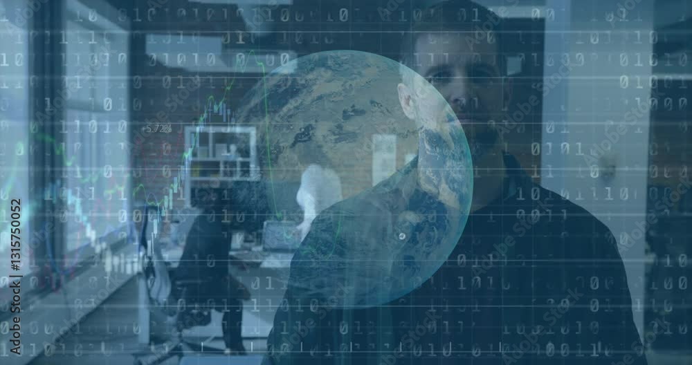 Poster earth and binary code animation over people working in modern office
