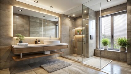 Modern sleek bathroom with frameless glass shower enclosure and minimalist decor featuring a large rectangular mirror above a wall-mounted sink, modern, rectangle