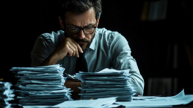 Businessperson in dark room analyzing hidden debt files, stacks of confidential documents