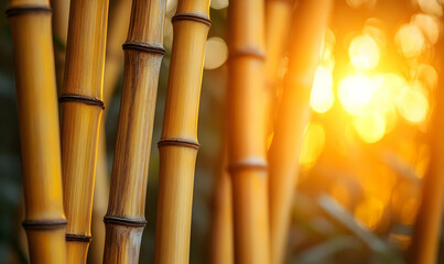Golden bamboo stalks bathed in sunset light