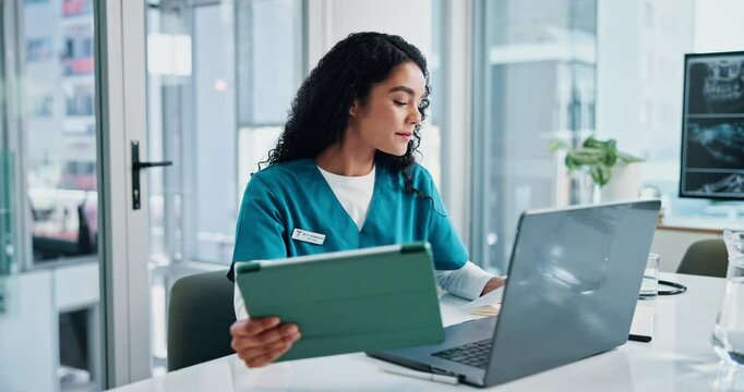 Laptop, tablet and doctor in office at hospital with surgery, treatment or diagnosis plan. Digital technology, computer and professional female healthcare worker with online medical report in clinic.