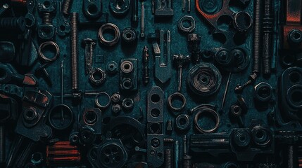 Industrial Metal Tools and Hardware Arrangement on Dark Background with Textured Surfaces and Shiny Elements Reflecting Light