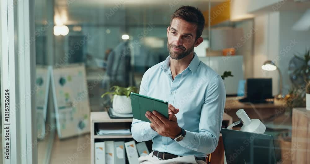 Poster thinking, tablet and research with business man in office for project manager, deadline schedule and