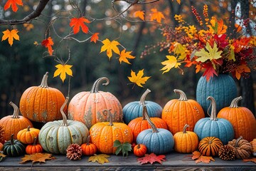Naklejka premium Magical Autumn Decor Ideas Featuring Vibrant Pumpkins and Colorful Leaves for Celebrations