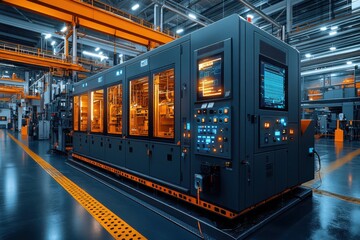 A modern high-tech plastic production facility with machinery, conveyor belts, computers, and robotic arms.