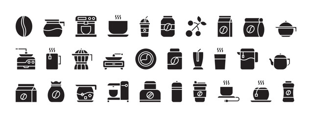 Collection of Coffee Shop Icons Featuring Various Beverages and Brew Equipment in Black Silhouettes on a White Background