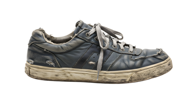 Worn Out Blue Leather Sneaker Shoe on Isolated White Background Studio Shot