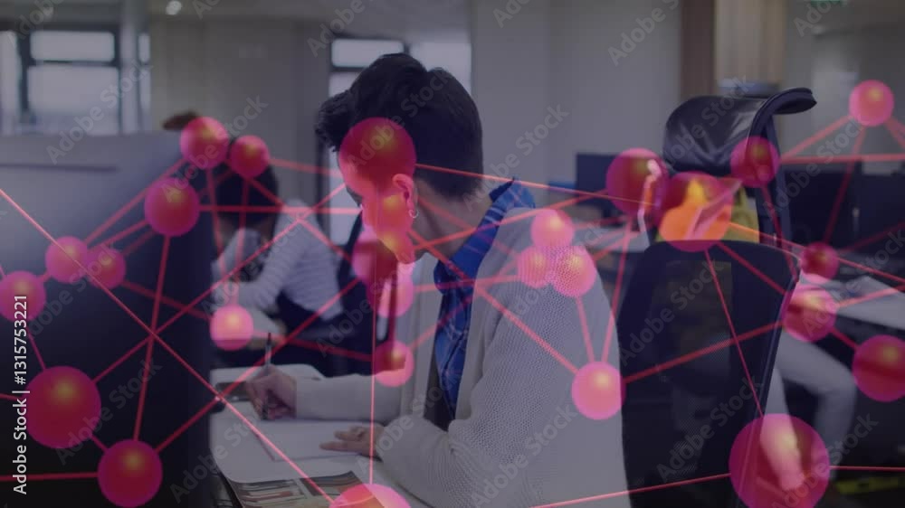 Poster network of connections and data processing animation over people working in office