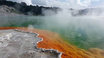 Vibrant Thermal Pool with Multicolored Mineral Deposits and Steam in Geothermal Landscape