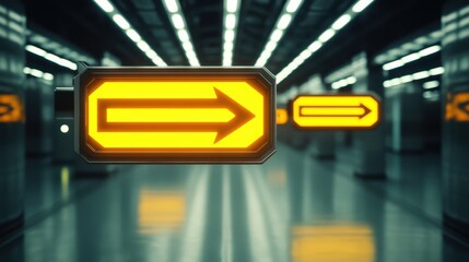 Naklejka premium An illuminated directional sign in a modern corridor, guiding the way with a vibrant yellow arrow against a sleek, reflective background.