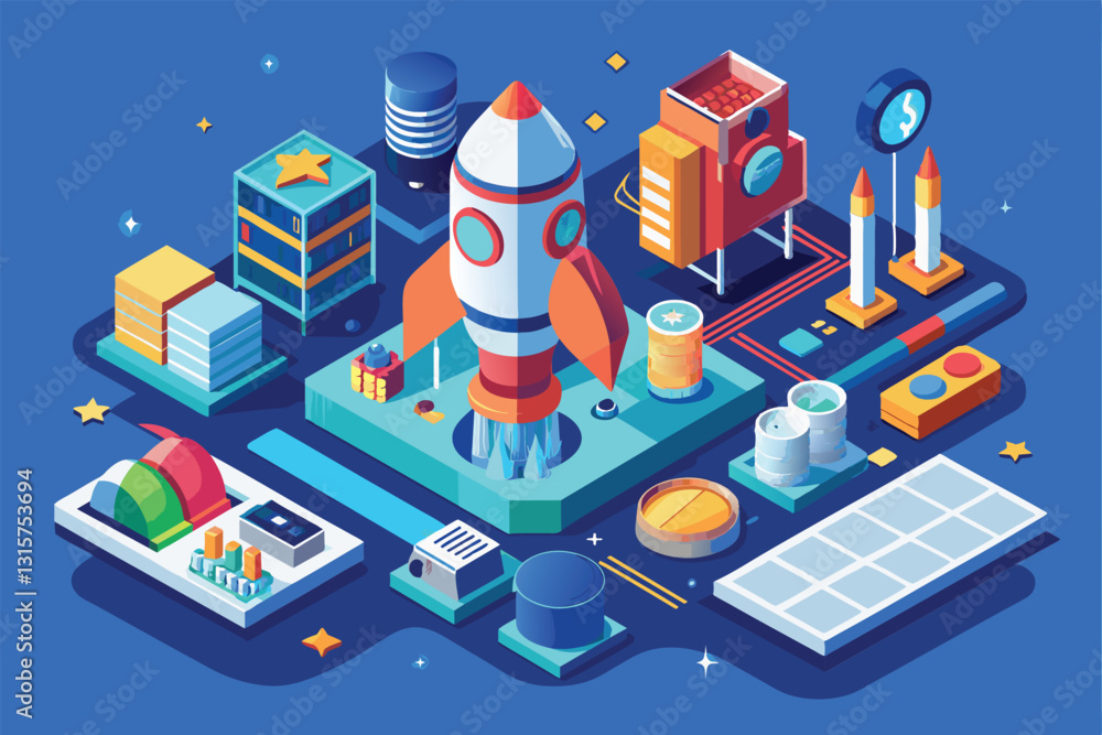 Poster a vibrant isometric design showcasing a rocket research environment with various interactive element