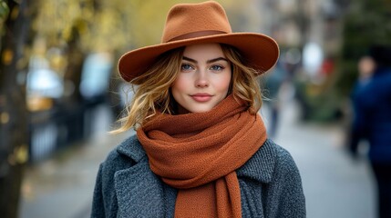 Woman autumn city portrait, stylish hat, scarf, fall fashion