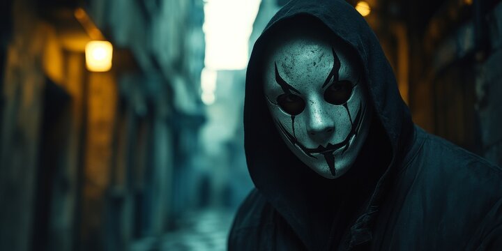 Masked person wearing hoodie in dark alley creates mystery and suspense