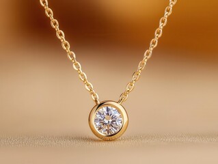 Fototapeta premium Single diamond necklace in a circular pendant, suspended in midair, isolated on a faded gold background