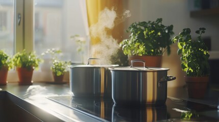 Cooking on a sunny day with steaming pots and fresh herbs in a bright kitchen