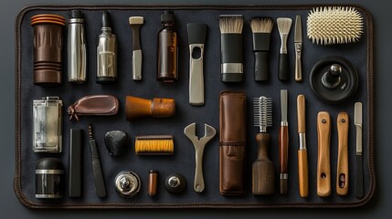 A clean shot of a barber toolkit styled in a sleek and organized manner. pic