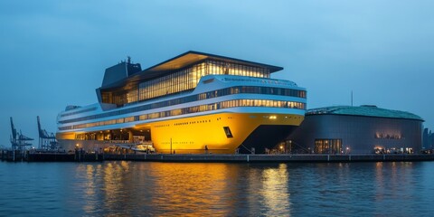 Fototapeta premium A large yellow-and-white cruise ship docked at a modern harbor with industrial-style architecture, surrounded by blue water and green roofs, offering a scenic view of the surrounding buildings.