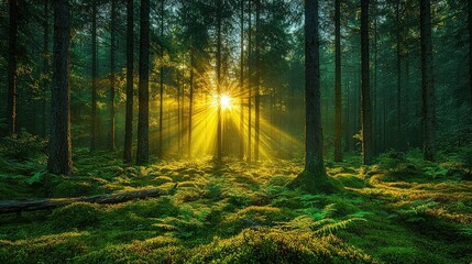 Obraz premium Magical Sunrise Beams Illuminate Lush Green Forest with Ferns and Mossy Ground, Creating a Mystical and Serene Atmosphere