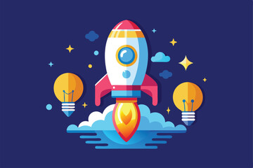 Naklejka premium A rocket lifts off with glowing light bulbs alongside, symbolizing innovation and startup energy in a vibrant scene, Rocket startup bulb launcher isolated icon