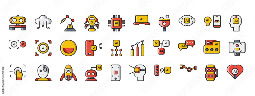 Poster collection of colorful icons representing artificial intelligence and technology concepts in a moder