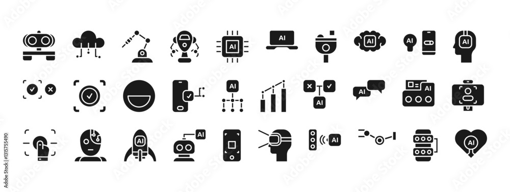 Poster collection of iconic symbols representing themes of artificial intelligence and advanced technology 