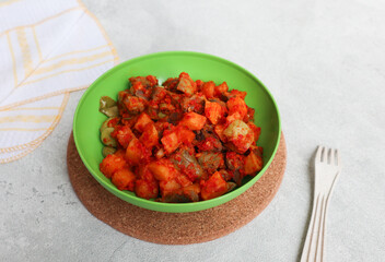 Sambal goreng hati kentang or hot spicy liver and potatoes, Indonesian traditional cuisine. Typically served during Eid Al-Fitr celebration. spicy food