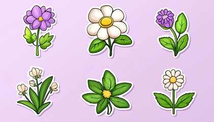 Cute Flower Stickers for Purple Background.