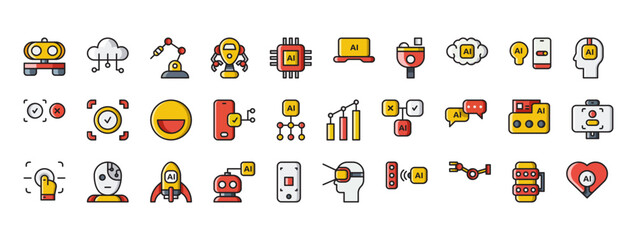 Collection of Colorful Icons Representing Artificial Intelligence and Technology Concepts in a Modern Digital Design