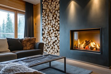 Cozy living room with modern fireplace and natural décor during winter afternoon