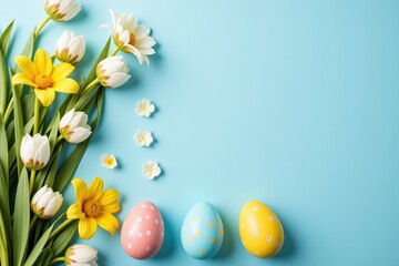A Bright and Cheerful Arrangement of Colorful Easter Eggs and Fresh Spring Flowers on a Soft Blue Background, Celebrating the Joyous Spirit of Springtime Holidays