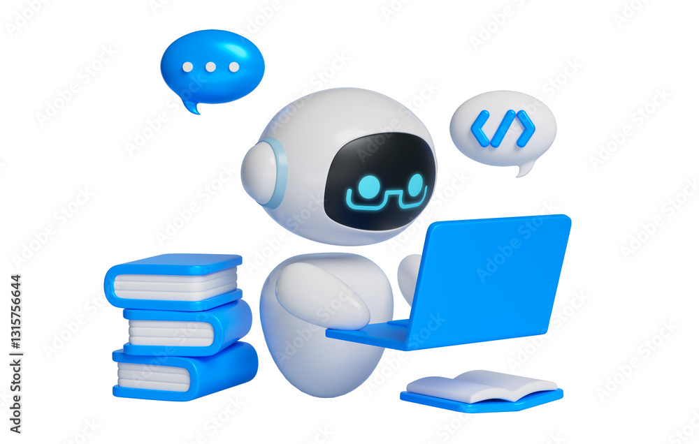 Poster 3d graphics of ai character studying in front of laptop