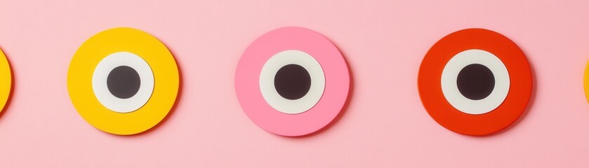 Colorful circular patterns arranged in a line against a pink background, creating a playful and modern design.