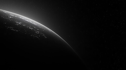 A black and white photo of a planet with a starry sky in the background