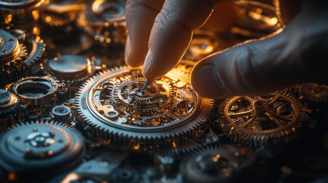 intricate assemblage of gleaming gears and precise mechanics delicately adjusted by a focused hand revealing a miniature clockwork