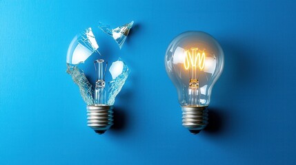 Two broken light bulbs on a blue background