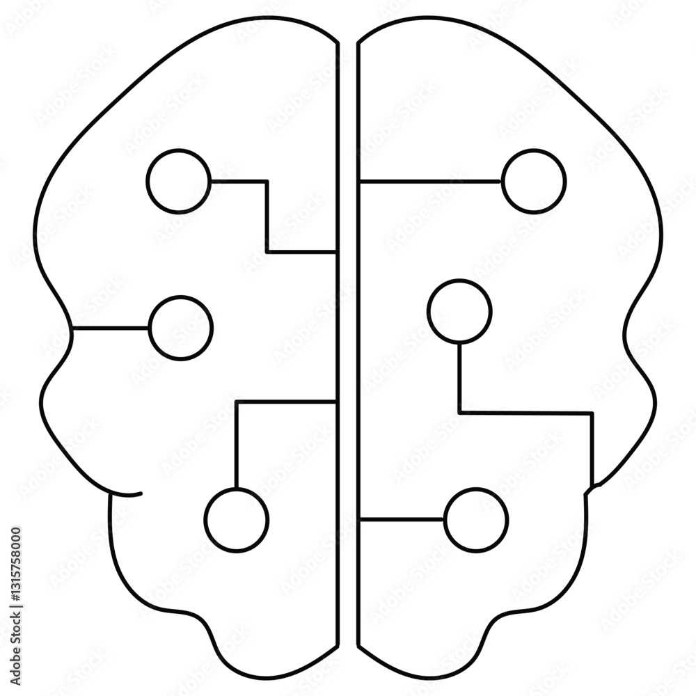 Poster stylized illustration of brain with circuit like patterns, symbolizing artificial intelligence and technology integration. design is minimalistic, emphasizing connection between human cognition