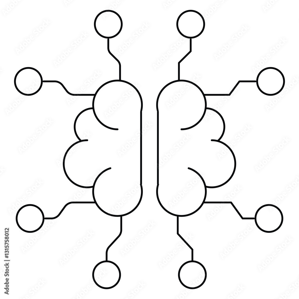 Poster symmetrical brain icon with circuit lines represents artificial intelligence and technology. design is minimalistic, emphasizing connection between human cognition and digital networks