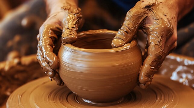 Hands Skillfully Molding a Clay Pot on a Pottery Wheel - Powered by Adobe