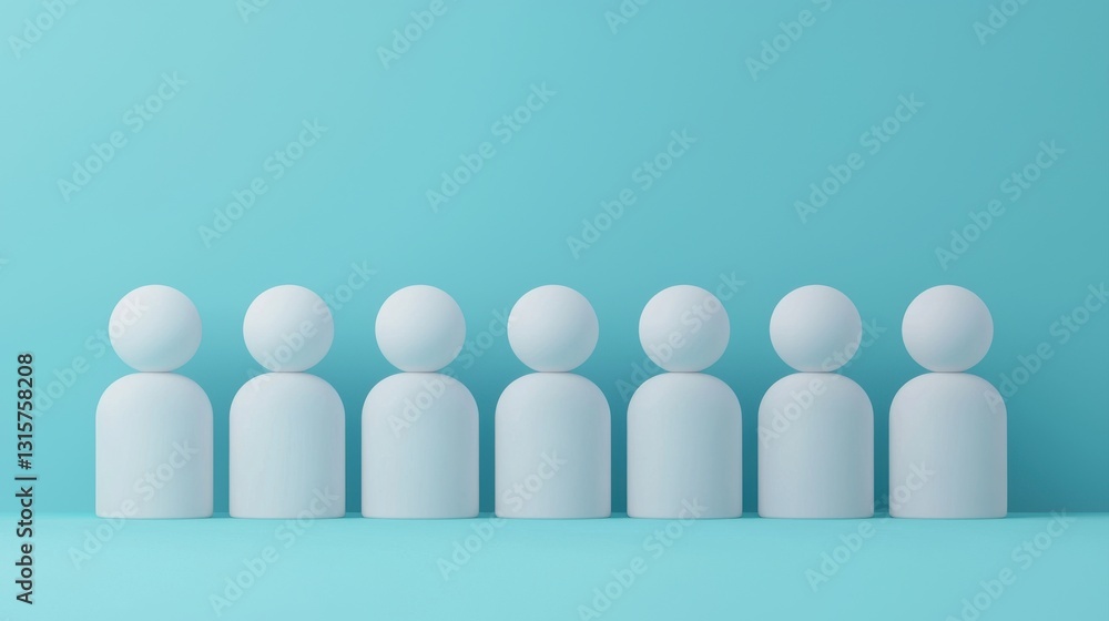 Poster minimalist figures lined up against a turquoise background, representing unity and simplicity in des