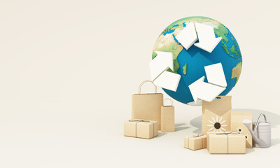 Earth with recycling arrows surrounded by eco-friendly packaging, emphasizing sustainable consumption and responsible waste management. 3d rendering.