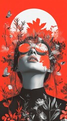 Surreal Woman with Flowers and Butterflies