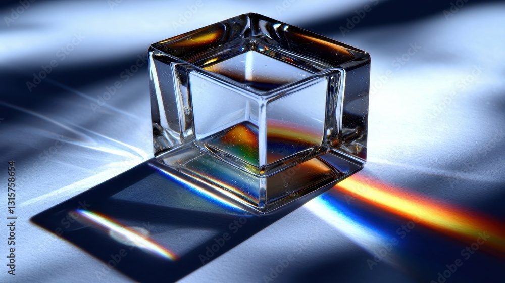 Poster crystal cube refraction displaying light spectrum and shadow play abstract geometric art