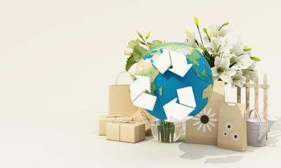 Earth with recycling arrows surrounded by eco-friendly packaging and white flowers, symbolizing a sustainable lifestyle and environmental responsibility. 3d rendering.