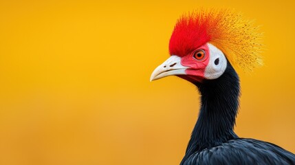 Fototapeta premium A colorful bird with a striking red and yellow crest stands against a vibrant yellow background, showcasing its unique features and captivating presence.