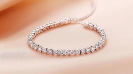 Tennis necklace with round diamonds in perfect alignment, isolated on a soft creamcolored surface