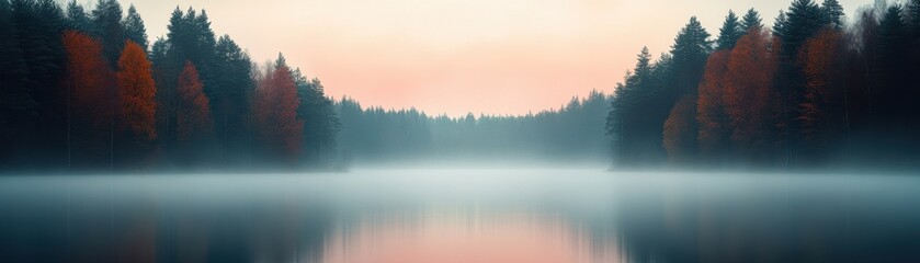 Fototapeta premium A serene landscape featuring a misty lake surrounded by trees, reflecting soft colors of dawn, creating a tranquil atmosphere.